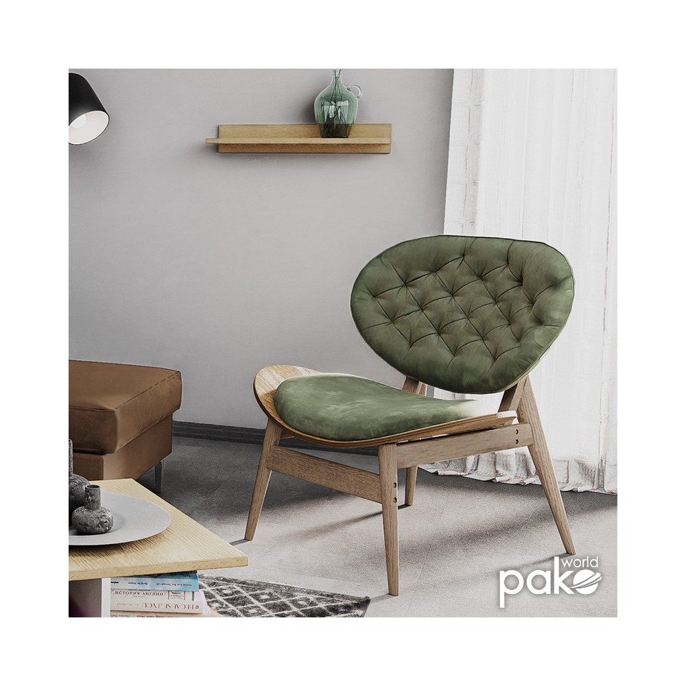 Fauteuil RINO bois massif noyer velours vert 77x70x82 cm