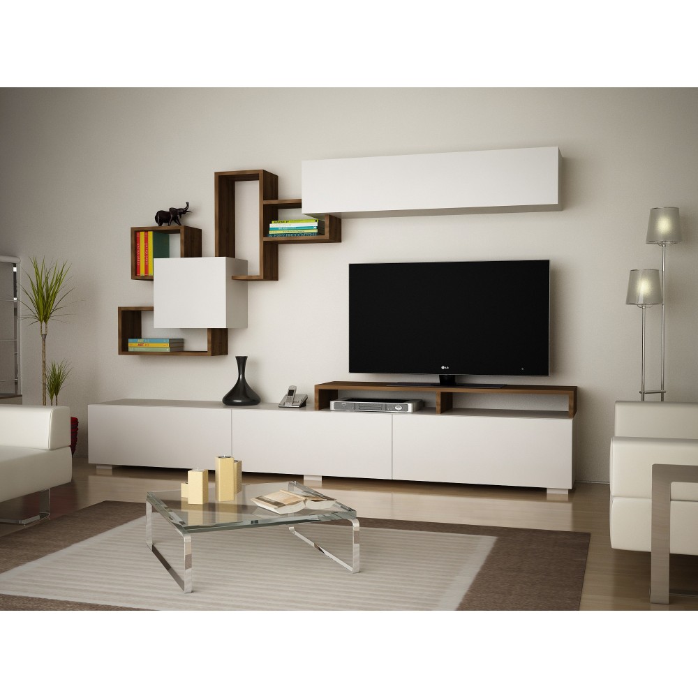 Ensemble Mur TV Meuble + étagères Avec Rangements - Naturel Et Blanc - Taloli