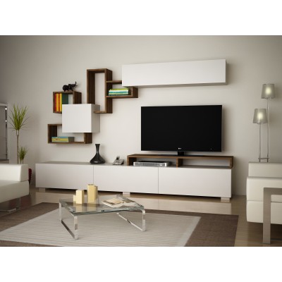 Ensemble Mur TV Meuble + étagères Avec Rangements - Naturel Et Blanc - Taloli