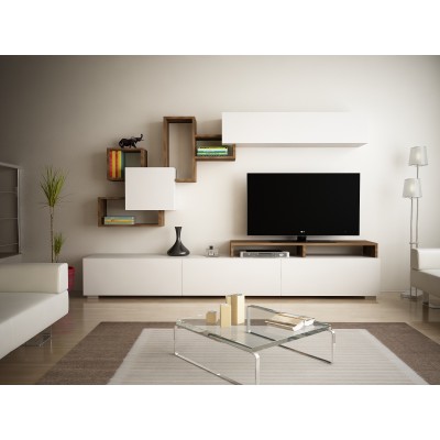 Ensemble Mur TV Meuble + étagères Avec Rangements - Naturel Et Blanc - Taloli