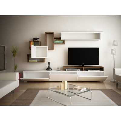 Ensemble Mur TV Meuble + étagères Avec Rangements - Naturel Et Blanc - Taloli