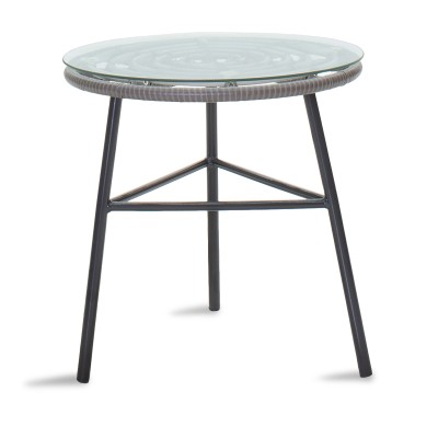 Ensemble table chaise de jardin 3 piece métal noir et rotin synthétique teinte grise 45,5x61x90 cm