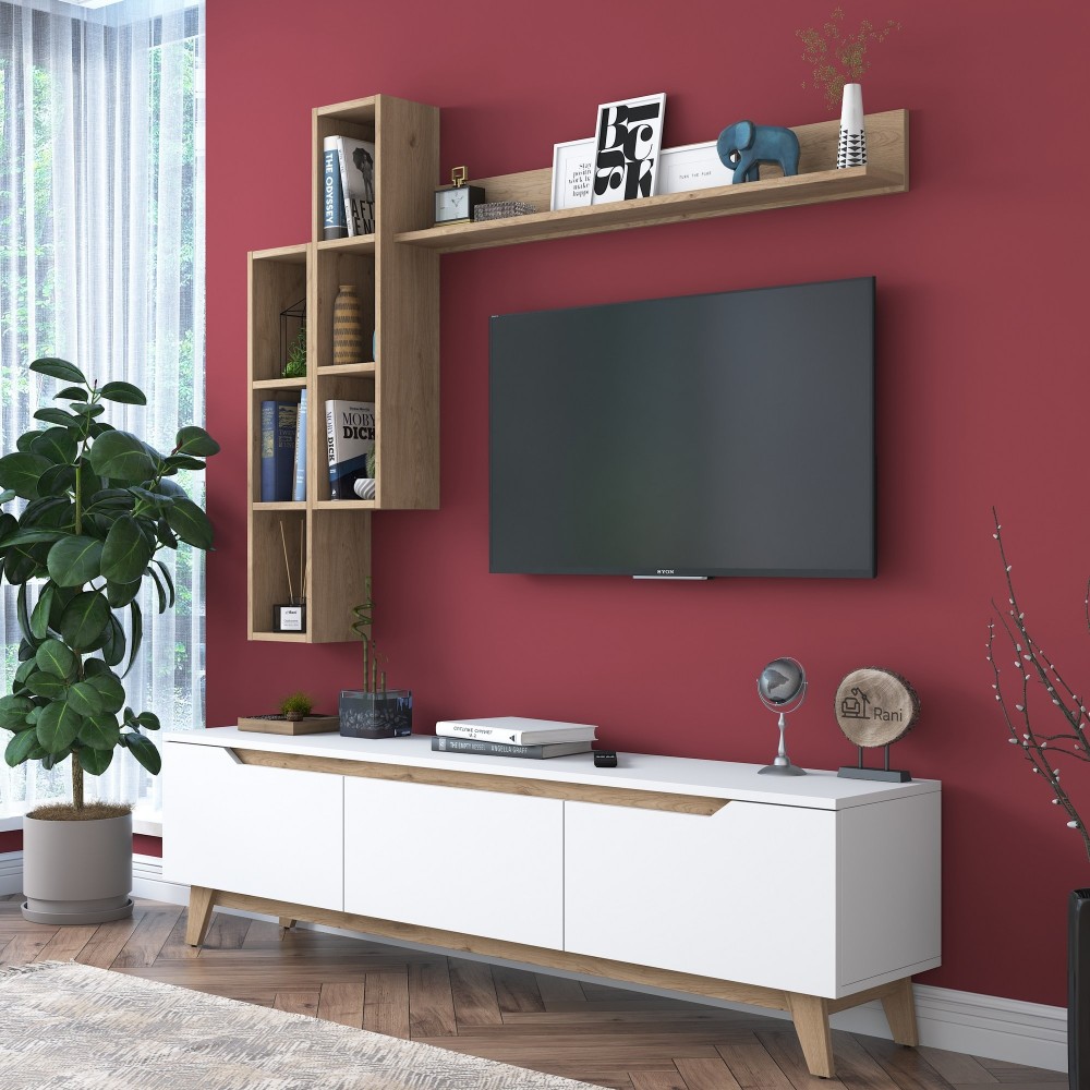 Ensemble Meuble TV  blanc TRESICE 180 cm + etagére mural en bois