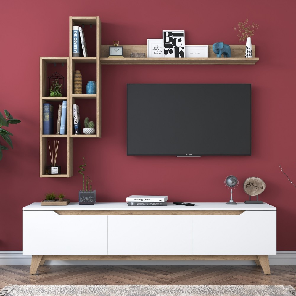 Ensemble Meuble TV  blanc TRESICE 180 cm + etagére mural en bois