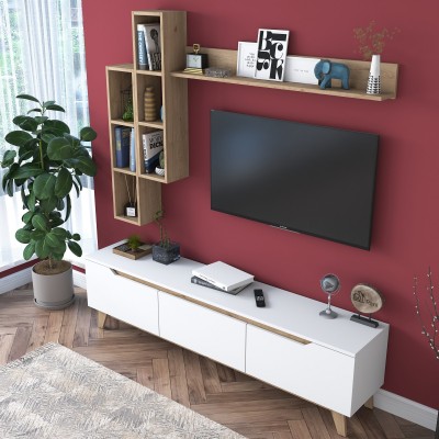 Ensemble Meuble TV  blanc TRESICE 180 cm + etagére mural en bois