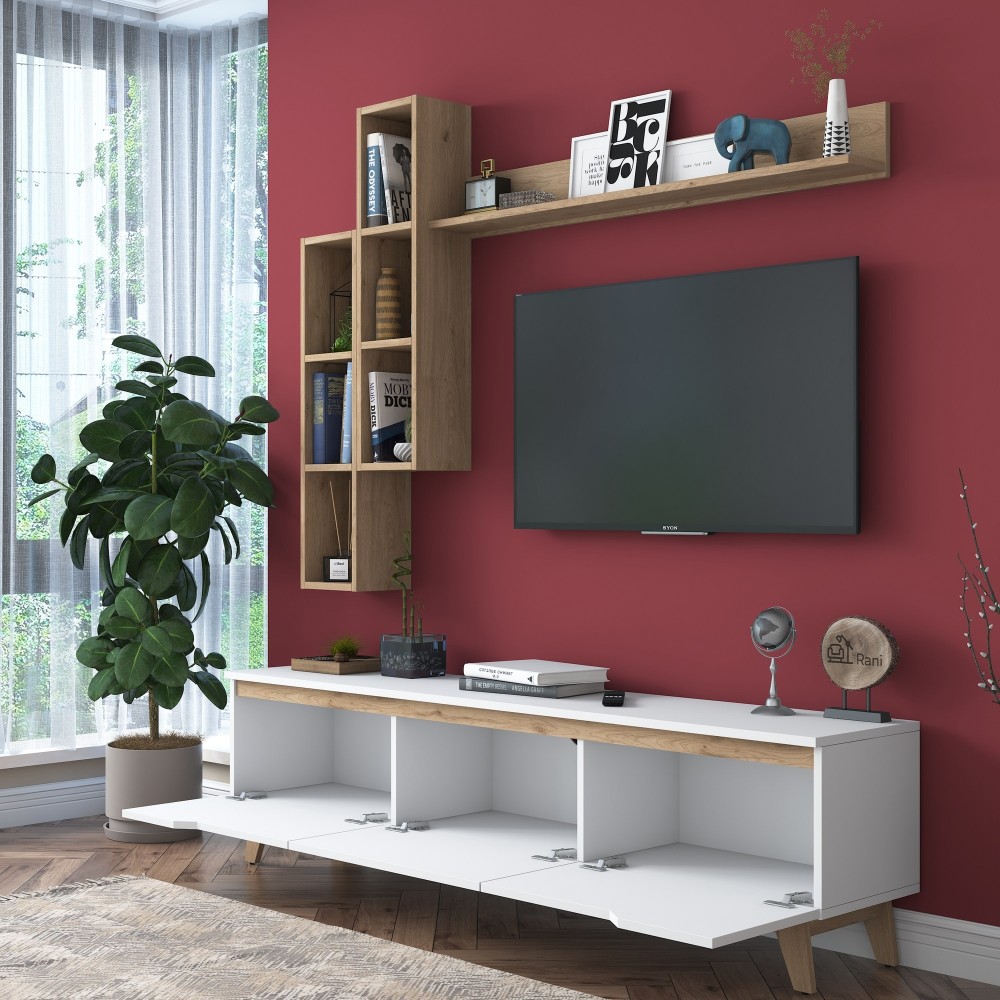 Ensemble Meuble TV  blanc TRESICE 180 cm + etagére mural en bois