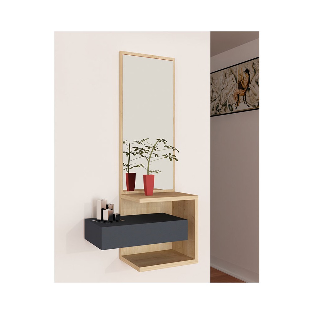 Console - coiffeuse avec miroir Sabine en couleur anthracite-naturel 40x31,5x90cm