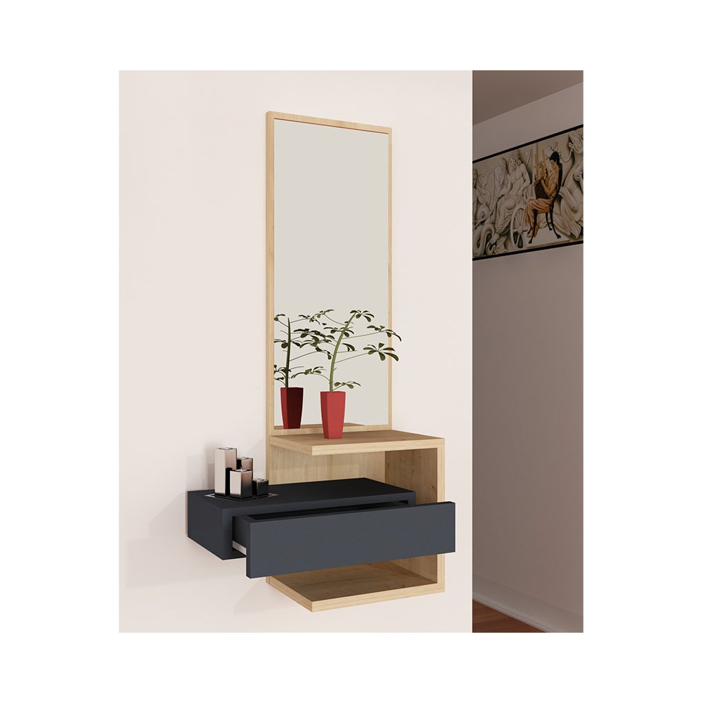 Console - coiffeuse avec miroir Sabine en couleur anthracite-naturel 40x31,5x90cm