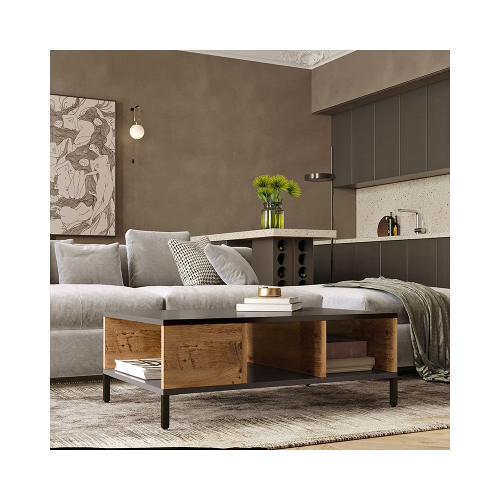 Coffee table Kermit pakoworld anthracite-walnut color 90x60x33cm