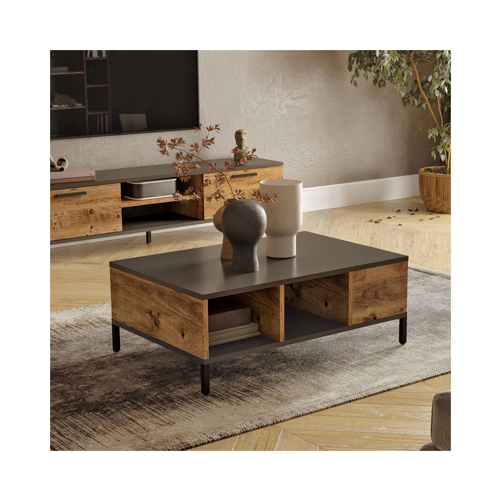 Table basse Kermit couleur anthracite-noyer 90x60x33cm