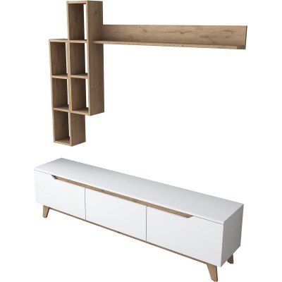 Ensemble Meuble TV  blanc TRESICE 180 cm + etagére mural en bois