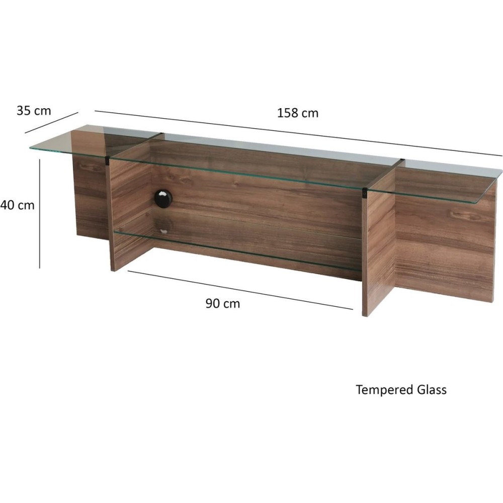 Meuble TV MIKI 158 cm tablette en verre et bois