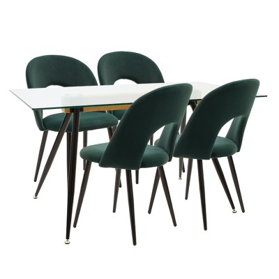 Ensemble Table + chaise salle à manger  5 pièces Astrid-Jonah verre 10 mm vert foncé-noir 140x80x75cm