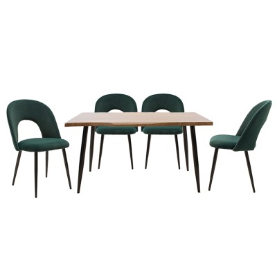 Ensemble Table + chaise salle à manger  5 pièces Neve-Jonah noyer-noir-vert foncé 140x80x75cm