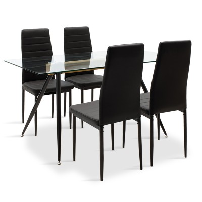 Ensemble Table + chaise salle à manger  5 pièces Astrid-Parker verre avec pu noir 140x80x75cm