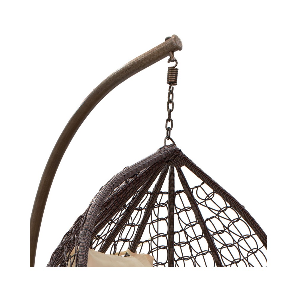 Fauteuil suspendu balancelle de jardin métal et polypropylène marron, coussin beige, 106 x 103 x 200 cm