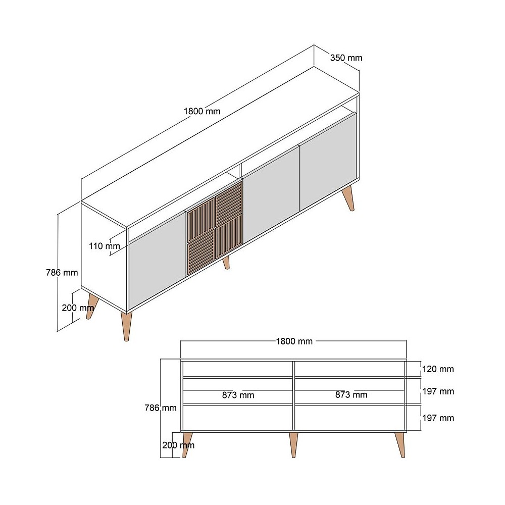 Buffet Bas 4 Portes 2 Niches 180cm