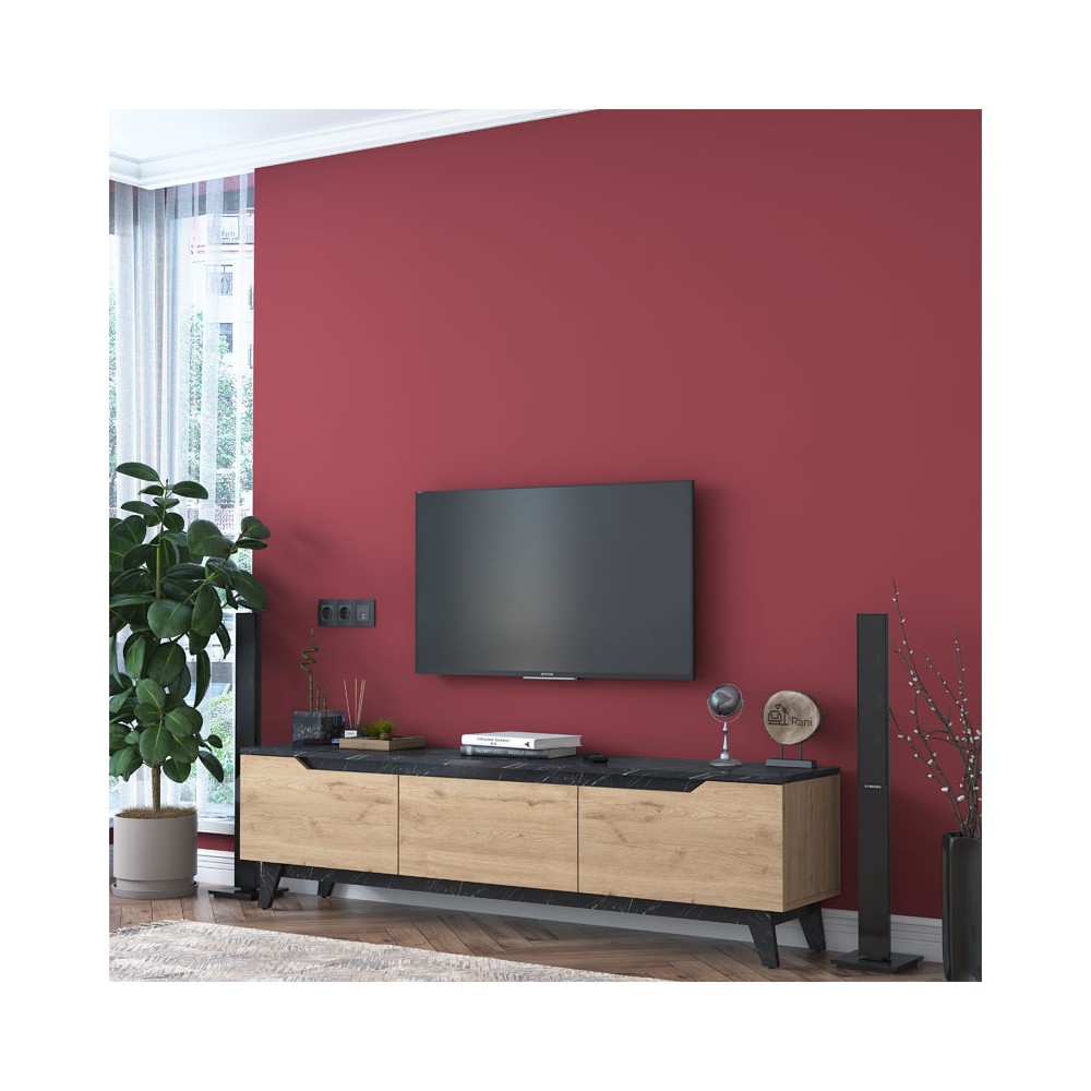 Meuble TV Kasandra imitation marbre noir-noyer 180x35x48,3 cm