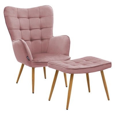 Fauteuil Velours Rose avec repose pieds 68x72x98 cm