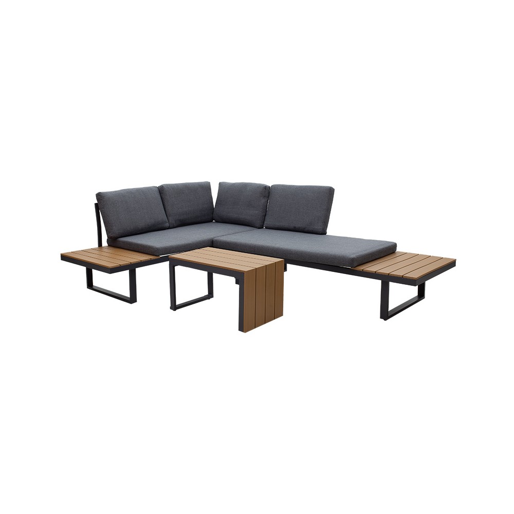 Salon de jardin Christie ensemble 3pcs aluminium polywood tissu gris naturel