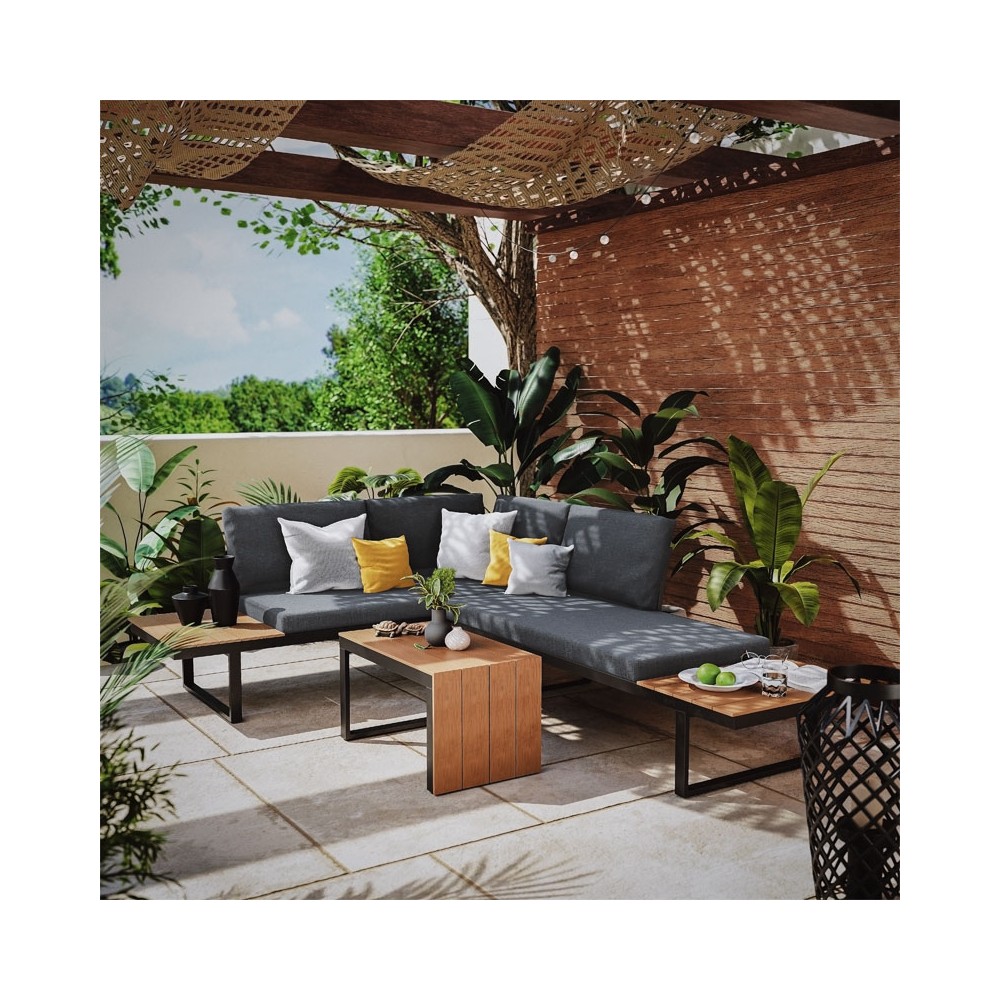 Salon de jardin Christie ensemble 3pcs aluminium polywood tissu gris naturel