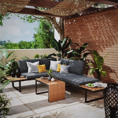 Salon de jardin Christie ensemble 3pcs aluminium polywood tissu gris naturel