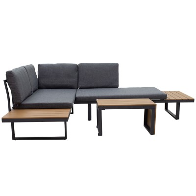 Salon de jardin Christie ensemble 3pcs aluminium polywood tissu gris naturel