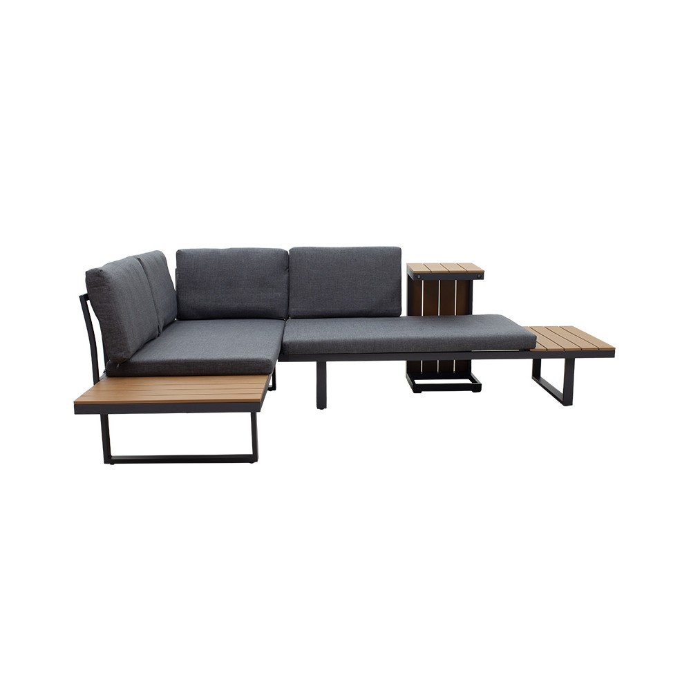 Salon de jardin Christie ensemble 3pcs aluminium polywood tissu gris naturel