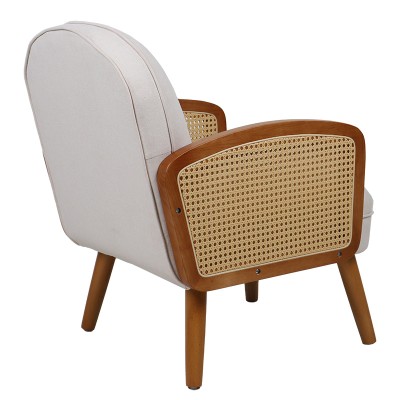 Fauteuil Ricco tissu beige-pe rotin naturel-hévéa noyer