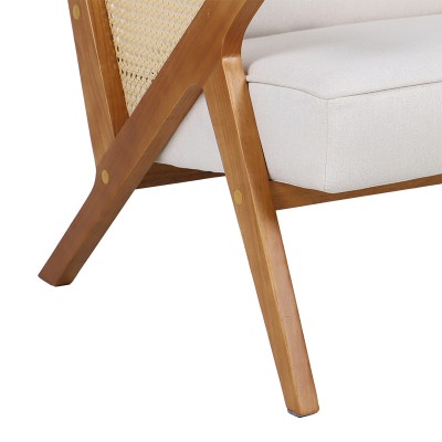 Fauteuil Claudia tissu beige-pvc rotin-hévéa naturel