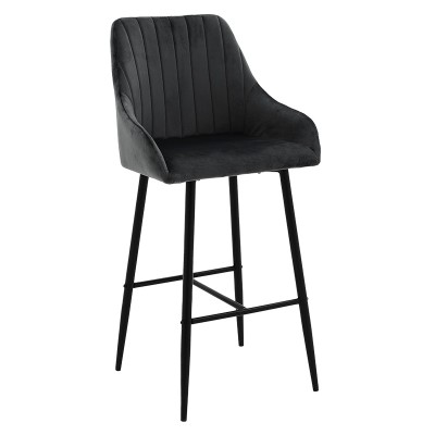 Tabouret de bar velour noir pieds métal noir