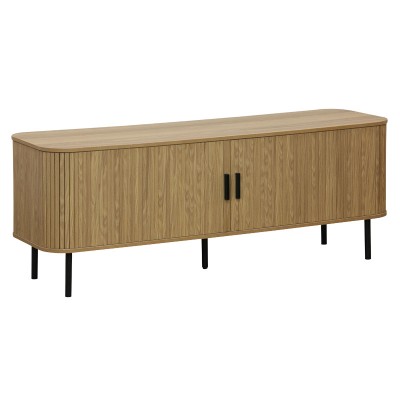 Meuble TV buffet Scandi MDF couleur naturelle avec pieds en métal noir 150x45x57,5 cm