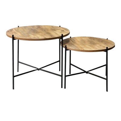 Lot de 2 Table basse Bois chêne pied métal noir 65x65x50 cm