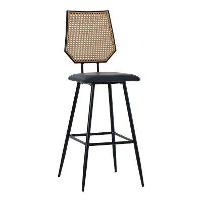 Tabouret de bar rotin simili cuir noir pied métal noir 47,5x58x117cm
