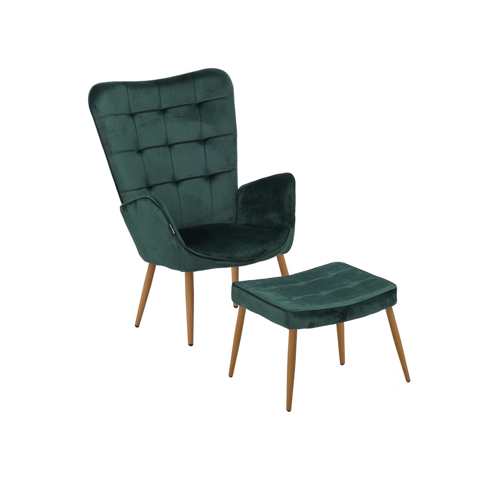 Fauteuil Maddison avec repose-pieds-coussin velours vert foncé-pied naturel 68x72x98cm