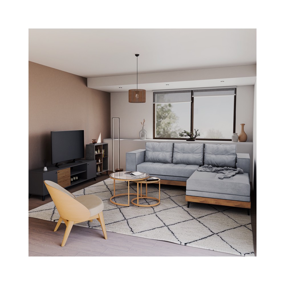 Canapé d'angle réversible Mirabel tissu gris-bois naturel 250x184x100 cm