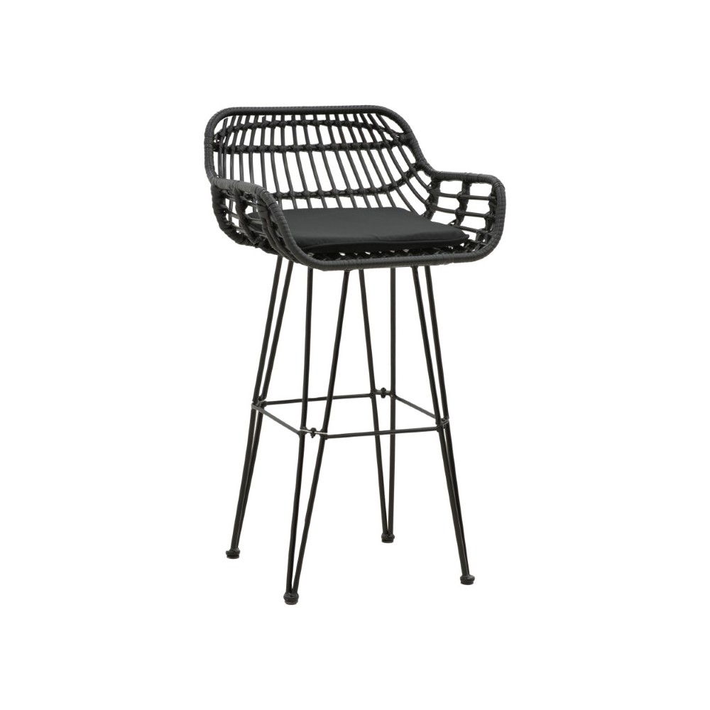 Tabouret de bar de jardin  avec coussin noir-pied métal noir 52x50x90cm

