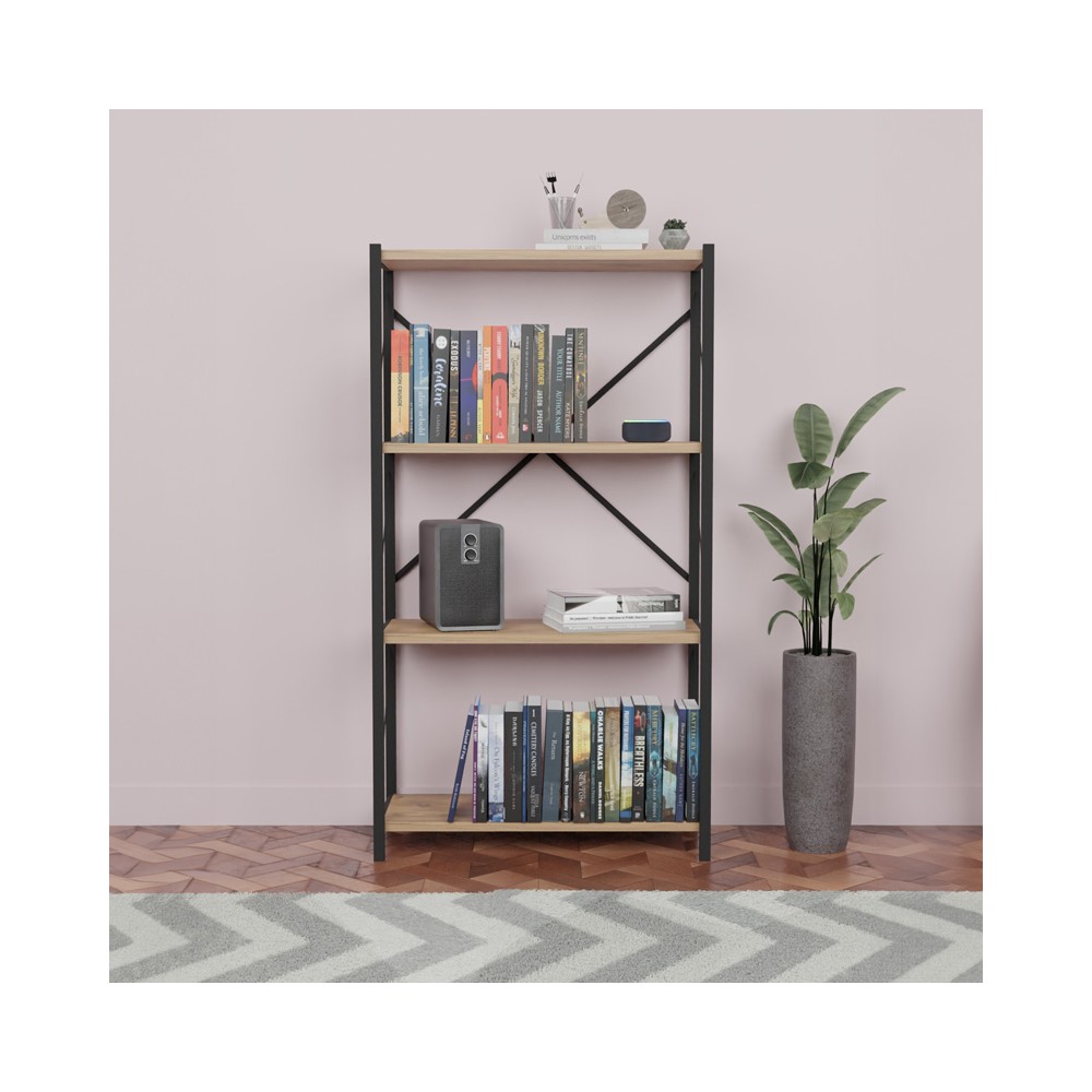 Bibliothèque bois chêne mélaminé métal noir 60x30x114 cm
