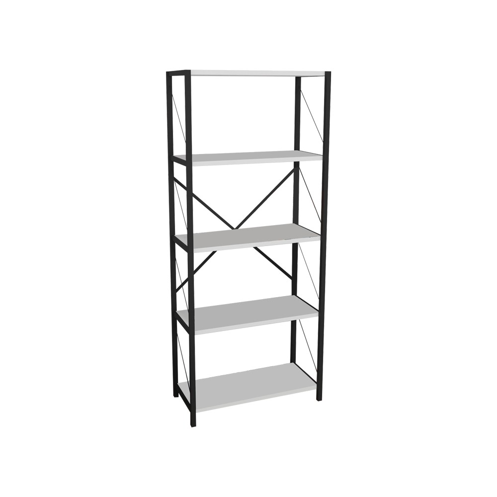 Bibliothèque bois mélaminé blanc métal noir 63x30x150 cm
