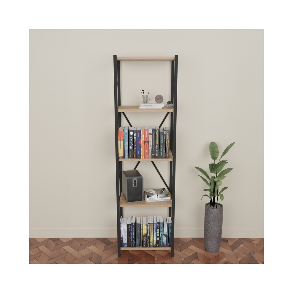Bibliothèque bois chêne mélaminé métal noir 40x30x150 cm
