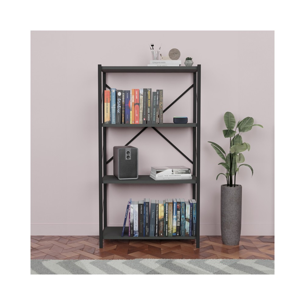 Bibliothèque Jackrey bois anthracite mélaminé métal noir 60x30x114cm