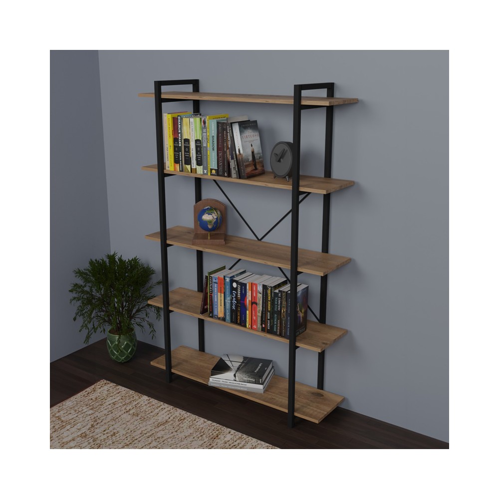 Bibliothèque bois mélaminé métal noir 120x34x180cm