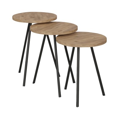 Lot de 3 Table d'appoint  Sebko  chêne mélaminé-métal noir