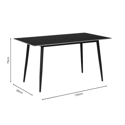 Table à manger Gustas marbre noir pierre frittée - pied métal noir 120x60x75cm