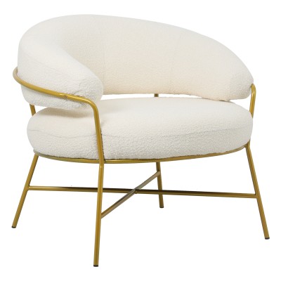 Fauteuil RIO boucle Blanc crème-pied métal doré 84x79x76 cm