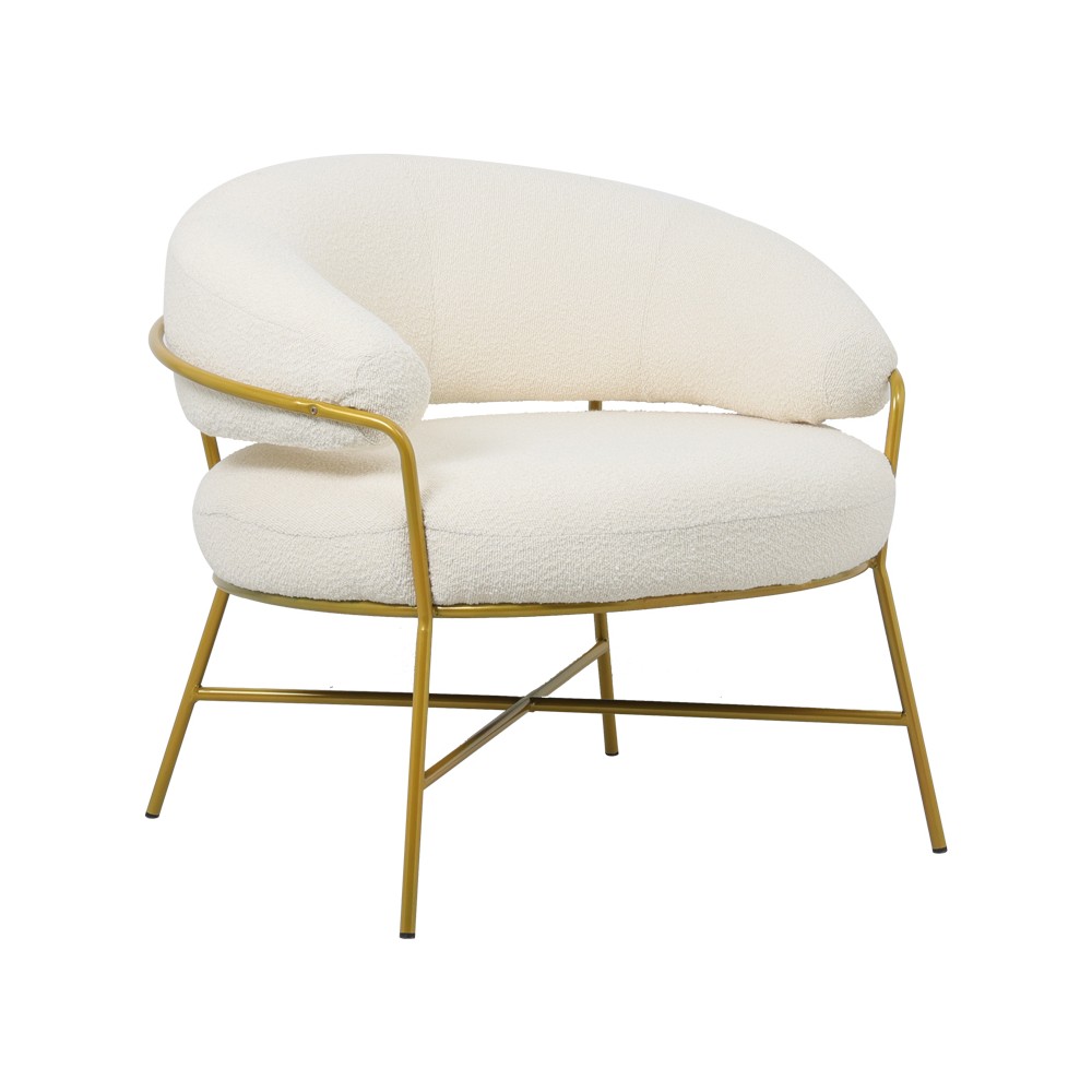 Fauteuil RIO boucle Blanc crème-pied métal doré 84x79x76 cm