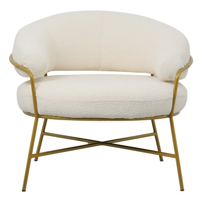 Fauteuil RIO boucle Blanc crème-pied métal doré 84x79x76 cm