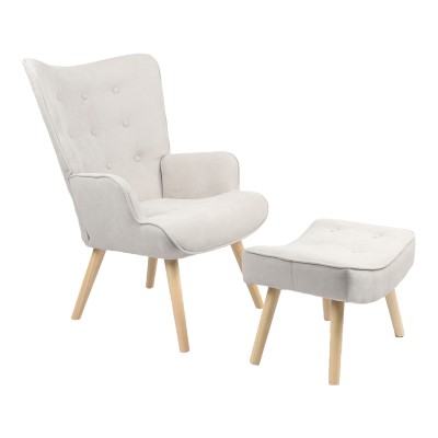 Fauteuil avec repose-pieds Vivienne tissu gris clair-pied naturel 75x69x96cm