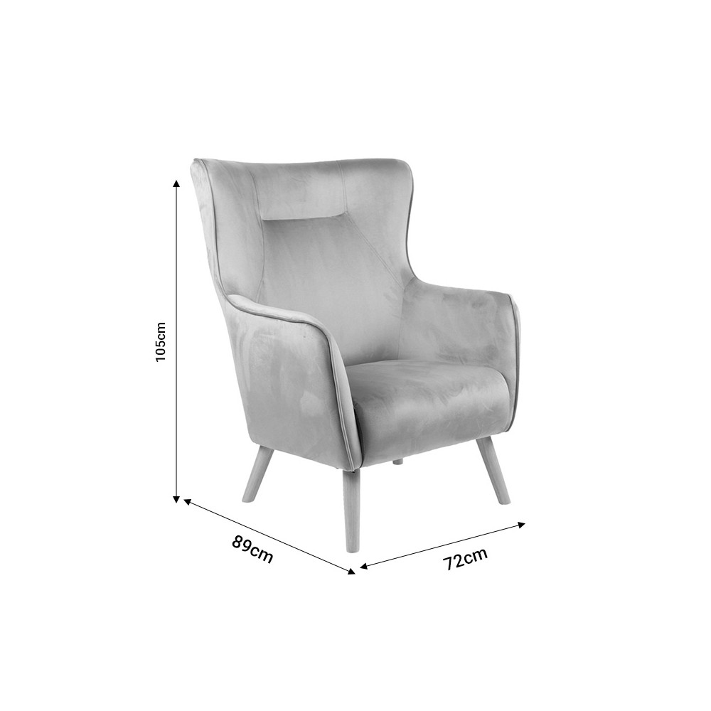 Fauteuil insicive tissu velours gris-pied naturel 72x89x105cm