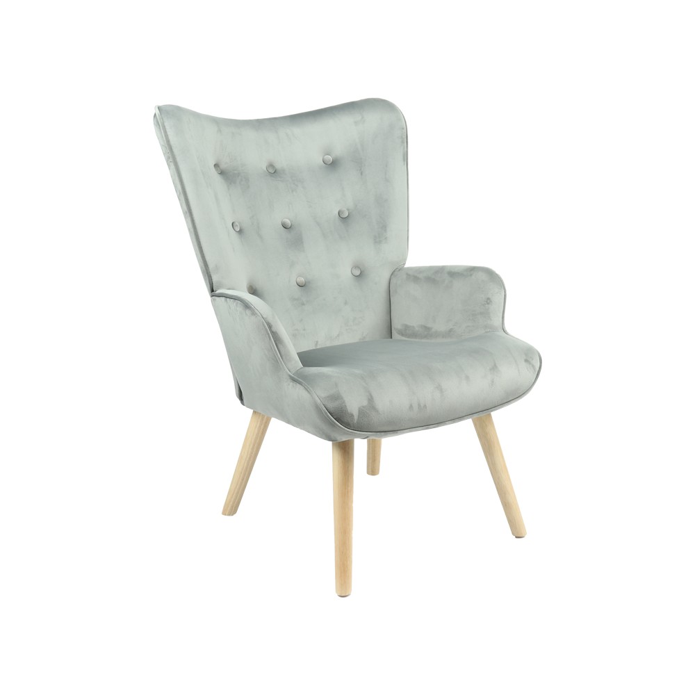Fauteuil Fluffy tissu velours gris-pied naturel 75x69x96cm